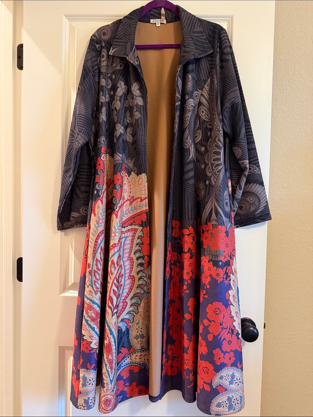 Adore Grey, Black, and Red Patterned Long Jacket